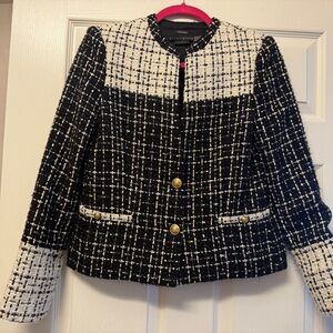 Alice + Olivia Black and White Tweed Blazer with Gold Accents